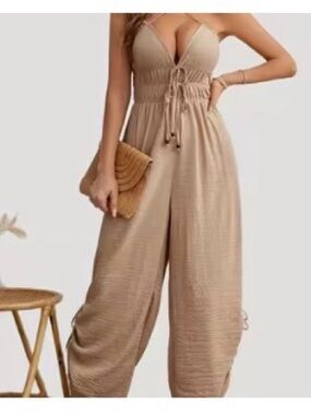 Beige Spaghetti Strap Halter Jumpsuit